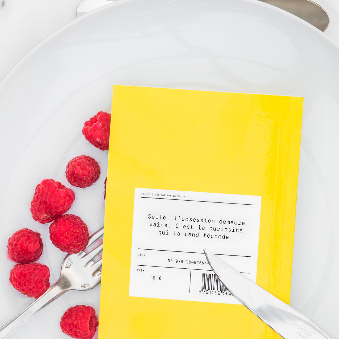 Le livre est retourné dans l'assiette avec les framboises. On peut lire la quatrième de couverture.