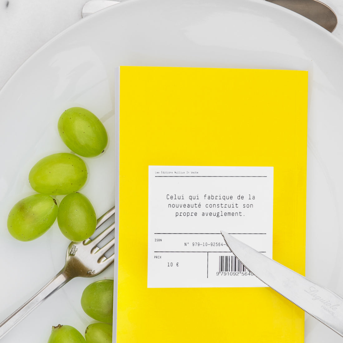 Le livre est retourné dans l'assiette avec des raisins italiens. On peut lire la quatrième de couverture.