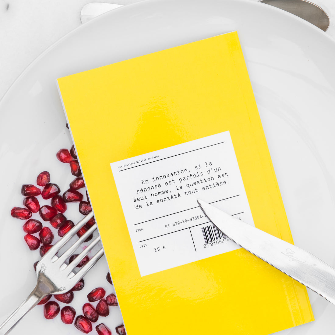 Le livre est retourné dans l'assiette avec des grains de grenade. On peut lire la quatrième de couverture.